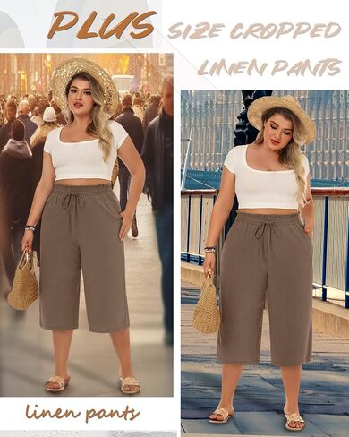 Neer Plus Size Linen Linen Capri Baggy Wide Pant Pant غير الرسمي صالة الرباط عالية الخصر مع جيوب in Saudi Arabia
