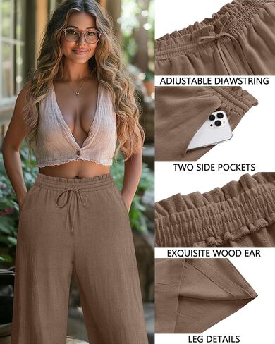Neer Plus Size Linen Linen Capri Baggy Wide Pant Pant غير الرسمي صالة الرباط عالية الخصر مع جيوب in Saudi Arabia