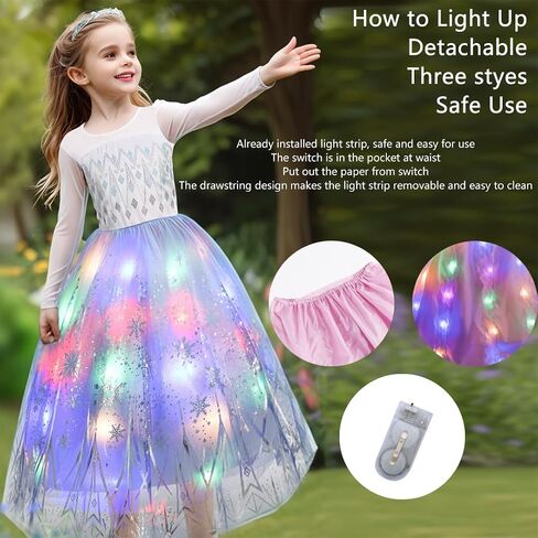 Light Up Princess Dress for Girls - Long Sleeve Halloween & Birthday Costume, Ages 3-9 in Saudi Arabia