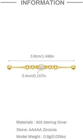 18G Round CZ Chain Industrial Barbell Earrings S925 Sterling Silver Industrial Piercing Jewelry Cartilage Industrial Earrings for Women in Saudi Arabia