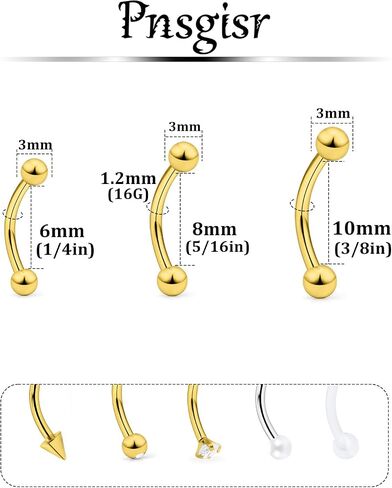 16g 6/8/10 مم/حاجب الذهب/الذهب/روك/tragus/snug/العمودي labret/لسان/ثعبان عيون/مضاد تراغر/daith/bell-button/bridge/surface مجوهرات barcing percing للنساء الرجال in Kuwait