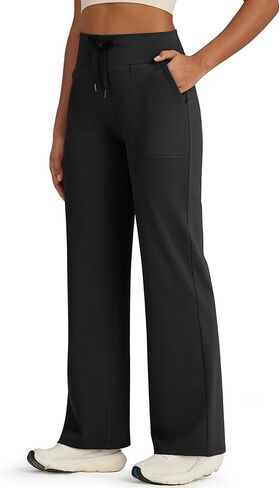 G4Free Wide Leg Fleece Lined Pants Women Drawstring Waist Winter Work Pants with Pockets for Casual Office in Kuwait