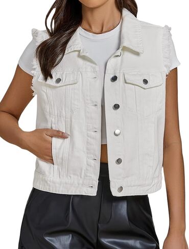 luvamia Denim Vest for Women Button Down Distressed Frayed Vests Top Western Casual Sleeveless Jean Jacket with Pockets in Kuwait