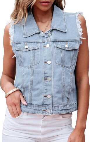 luvamia Denim Vest for Women Button Down Distressed Frayed Vests Top Western Casual Sleeveless Jean Jacket with Pockets in Saudi Arabia