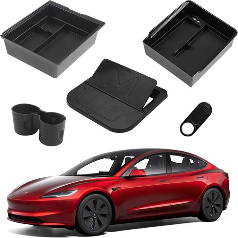 5pcs Center Center Console Tresanizer Tresher متوافق مع Tesla Model 3 Highland Accessories 2023-2025 ، ملحقات مع صندوق تخزين مسند الذراع ، صندوق تخزين مسند الذراعين المخفيين ، حامل حامل الكأس ، غطاء كاميرا الويب ، الأسود in Saudi Arabia