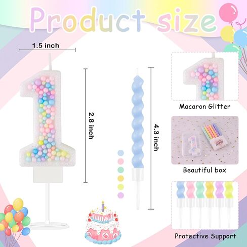 Rainbow Number 3 Birthday Candle 3D Macaron Glitter Number 3 Candle Pastel Pink Birthday Cake Candles with 12 Pcs Long Spiral Cake Candles for Girls Boys Cakes Topper Wedding Anniversary Theme Decor in Kuwait