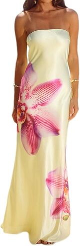 Women Floral Strapless Maxi Dress Y2K Bodycon Tube Long Dresses Sexy Party Formal Cocktail Beach Slit Dress in Kuwait