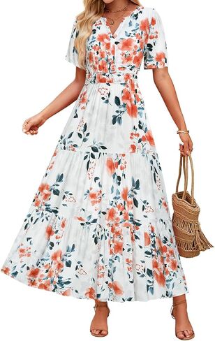 ZESICA Women's 2026 Summer Casual Floral Print Short Sleeve V Neck High Waist A Line Tiered Flowy Boho Maxi Dress in Saudi Arabia