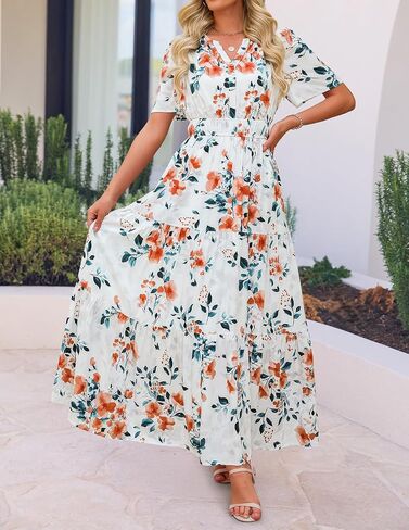 ZESICA Women's 2026 Summer Casual Floral Print Short Sleeve V Neck High Waist A Line Tiered Flowy Boho Maxi Dress in Saudi Arabia
