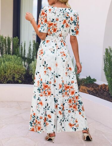 ZESICA Women's 2026 Summer Casual Floral Print Short Sleeve V Neck High Waist A Line Tiered Flowy Boho Maxi Dress in Saudi Arabia