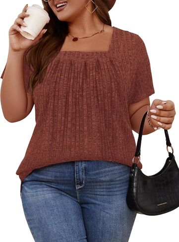 Tanst Sky Women's Plus Size Casual Tunic Tops Square Neck Short Sleeve Shirts Lightweight Pleated Blouses XL-5XL in Kuwait