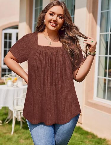 Tanst Sky Women's Plus Size Casual Tunic Tops Square Neck Short Sleeve Shirts Lightweight Pleated Blouses XL-5XL in Kuwait