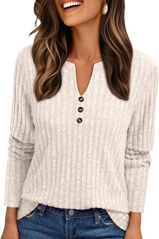 AUTOMET Womens Henley V Neck Long Sleeve Shirt Fall Dreesy Casual Tunic Loose Fit Top Sweater in Saudi Arabia