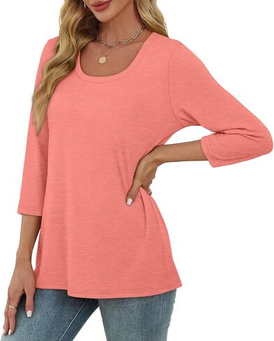 OFEEFAN 3/4 Length Sleeve Womens Tops Scoop Neck Tunic Tops Loose Fit Shirts Dressy Casual Blouses S-3XL in Saudi Arabia