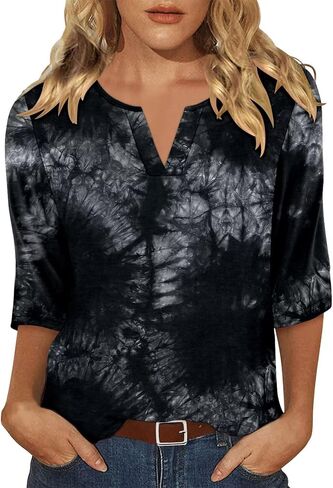 KISSMODA 3/4 Length Sleeve Shirts for Women Floral Business Shirts Tops Blouses Tops Loose Fit T-Shirts in Kuwait