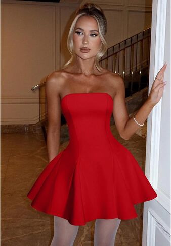 DAAWENXI Women's Sexy Summer Strapless Mini Dress Off Shoulder Sleeveless Ruffle Flowy Party Dresses in Saudi Arabia