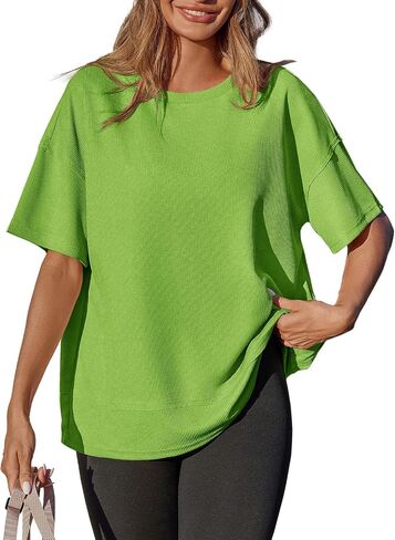 Tankaneo Womens Oversized Waffle Knit Tunic Tops Summer Casual Short Sleeve Round Neck T Shirt Loose Fit Side Split Tees in Kuwait