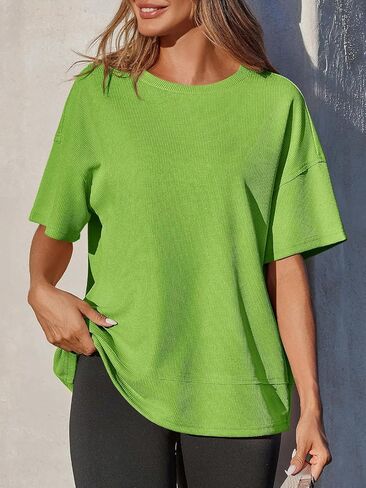 Tankaneo Womens Oversized Waffle Knit Tunic Tops Summer Casual Short Sleeve Round Neck T Shirt Loose Fit Side Split Tees in Kuwait
