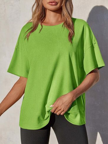 Tankaneo Womens Oversized Waffle Knit Tunic Tops Summer Casual Short Sleeve Round Neck T Shirt Loose Fit Side Split Tees in Kuwait