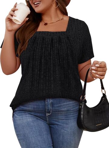 Tanst Sky Women's Plus Size Casual Tunic Tops Square Neck Short Sleeve Shirts Lightweight Pleated Blouses XL-5XL in Kuwait