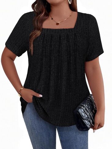 Tanst Sky Women's Plus Size Casual Tunic Tops Square Neck Short Sleeve Shirts Lightweight Pleated Blouses XL-5XL in Kuwait