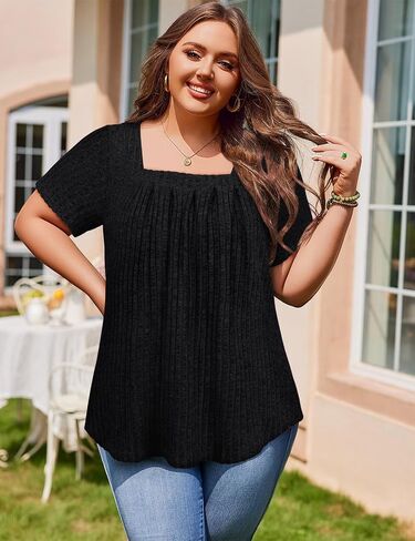 Tanst Sky Women's Plus Size Casual Tunic Tops Square Neck Short Sleeve Shirts Lightweight Pleated Blouses XL-5XL in Kuwait