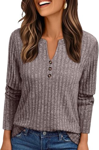 AUTOMET Womens Henley V Neck Long Sleeve Shirt Fall Dreesy Casual Tunic Loose Fit Top Sweater in Saudi Arabia
