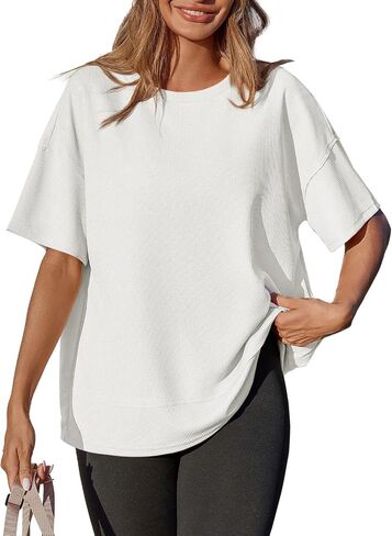 Tankaneo Womens Oversized Waffle Knit Tunic Tops Summer Casual Short Sleeve Round Neck T Shirt Loose Fit Side Split Tees in Kuwait
