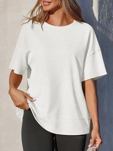 Tankaneo Womens Oversized Waffle Knit Tunic Tops Summer Casual Short Sleeve Round Neck T Shirt Loose Fit Side Split Tees in Kuwait