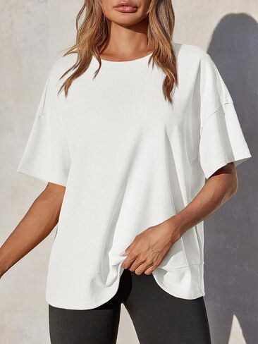 Tankaneo Womens Oversized Waffle Knit Tunic Tops Summer Casual Short Sleeve Round Neck T Shirt Loose Fit Side Split Tees in Kuwait