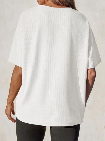 Tankaneo Womens Oversized Waffle Knit Tunic Tops Summer Casual Short Sleeve Round Neck T Shirt Loose Fit Side Split Tees in Kuwait