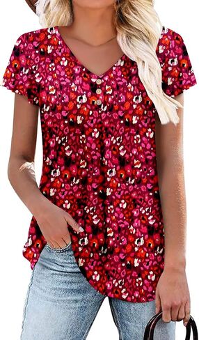 Angerella Women Tunic Tops Dressy Casual Summer Short Sleeve V Neck Shirts Floral Loose Fit Pleated Boho Top S-3XL in Kuwait