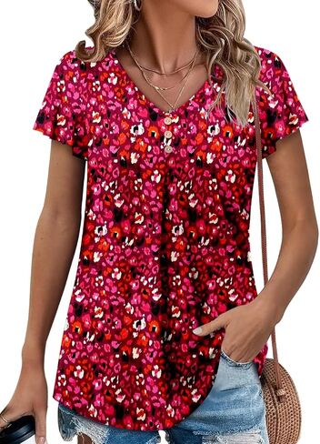 Angerella Women Tunic Tops Dressy Casual Summer Short Sleeve V Neck Shirts Floral Loose Fit Pleated Boho Top S-3XL in Kuwait