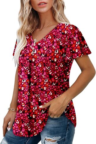 Angerella Women Tunic Tops Dressy Casual Summer Short Sleeve V Neck Shirts Floral Loose Fit Pleated Boho Top S-3XL in Kuwait