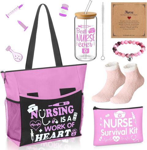 5 Pcs Nurse Gifts for Women Include Zippered Tote Bag Survival Kit Bag 16 oz Glass Cup Bracelets and Sock Nurses Week Appreciation Gift Set for Female Rn School Graduation(Pink) in Saudi Arabia