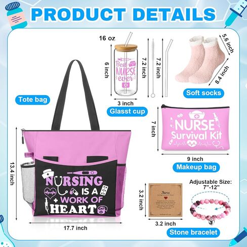 5 Pcs Nurse Gifts for Women Include Zippered Tote Bag Survival Kit Bag 16 oz Glass Cup Bracelets and Sock Nurses Week Appreciation Gift Set for Female Rn School Graduation(Pink) in Saudi Arabia