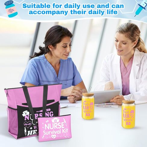 5 Pcs Nurse Gifts for Women Include Zippered Tote Bag Survival Kit Bag 16 oz Glass Cup Bracelets and Sock Nurses Week Appreciation Gift Set for Female Rn School Graduation(Pink) in Saudi Arabia