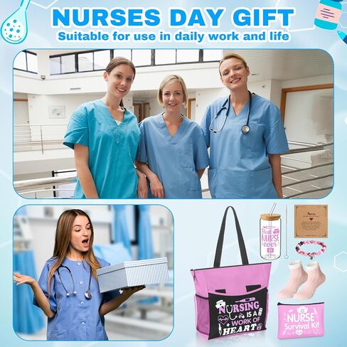 5 Pcs Nurse Gifts for Women Include Zippered Tote Bag Survival Kit Bag 16 oz Glass Cup Bracelets and Sock Nurses Week Appreciation Gift Set for Female Rn School Graduation(Pink) in Saudi Arabia