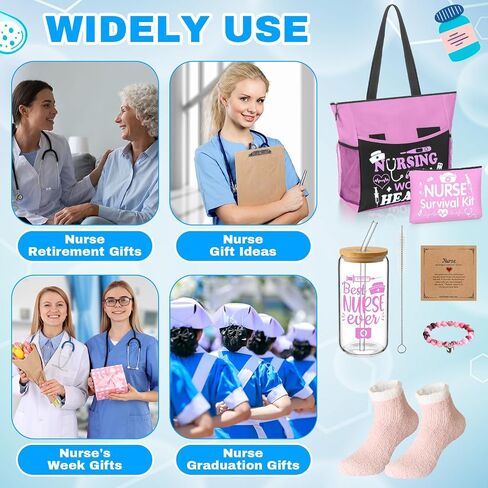 5 Pcs Nurse Gifts for Women Include Zippered Tote Bag Survival Kit Bag 16 oz Glass Cup Bracelets and Sock Nurses Week Appreciation Gift Set for Female Rn School Graduation(Pink) in Saudi Arabia