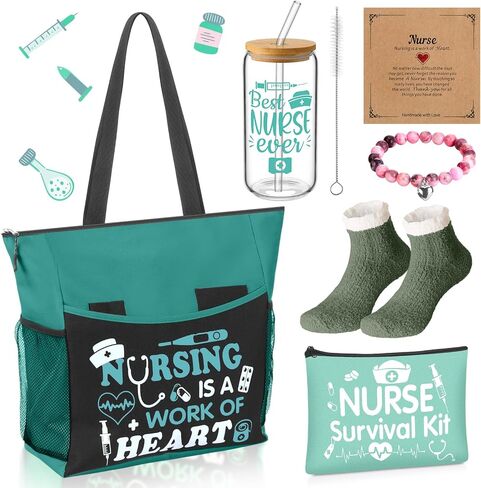 5 Pcs Nurse Gifts for Women Include Zippered Tote Bag Survival Kit Bag 16 oz Glass Cup Bracelets and Sock Nurses Week Appreciation Gift Set for Female Rn School Graduation(Pink) in Saudi Arabia