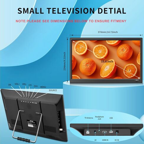 15.6 inch Portable Small TV - Kitchen TV with Antenna/HDMI/USB/AV, Rechargeable Battery Operated - Perfect for Camping and RV Trips in Kuwait