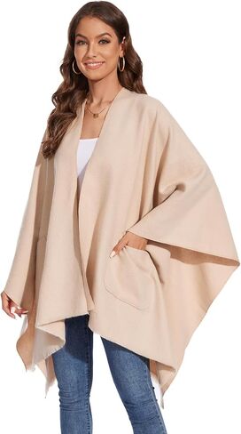 Shawl Wraps for Women, Elegant Knitted Cape Open Front Poncho Scarf Blanket Cardigan Coat for Autumn and Winter in Kuwait