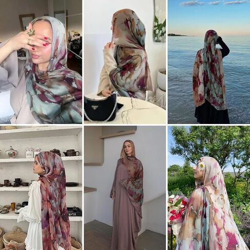 ANKOMINA Women's Watercolor Floral Print Hijab Scarf Soft Muslim Head Wraps Shawls Fahion Islamic Long Scarves in Saudi Arabia