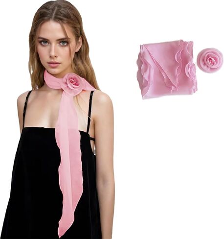 Women's Detachable Rose Flower Chiffon Scarf – Elegant Long Fashion Scarf, Versatile Hair Ribbon & Neck Kerchief in Kuwait