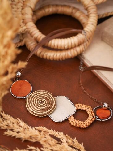 MINACHI Handmade Braided Necklace for Women, Wooden Beads, Rattan Charm, Vintage Style, Gift Jewelry in Saudi Arabia