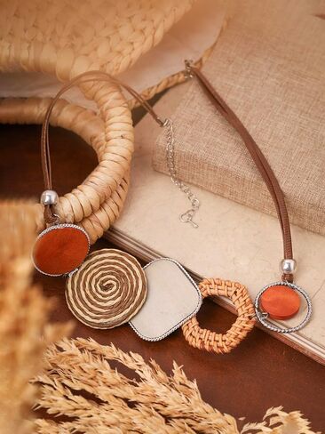 MINACHI Handmade Braided Necklace for Women, Wooden Beads, Rattan Charm, Vintage Style, Gift Jewelry in Saudi Arabia