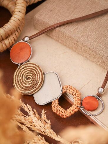 MINACHI Handmade Braided Necklace for Women, Wooden Beads, Rattan Charm, Vintage Style, Gift Jewelry in Saudi Arabia