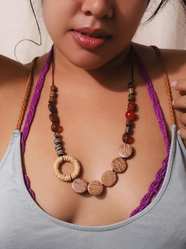 MINACHI Handmade Braided Necklace for Women, Wooden Beads, Rattan Charm, Vintage Style, Gift Jewelry in Saudi Arabia