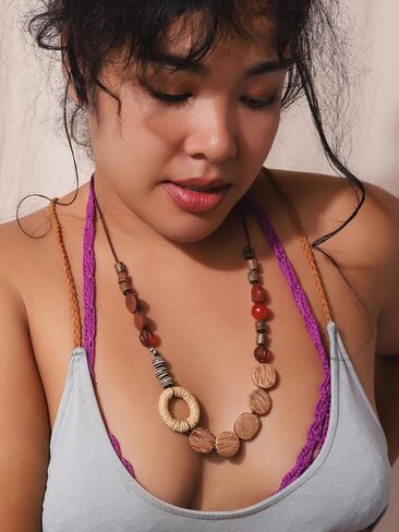 MINACHI Handmade Braided Necklace for Women, Wooden Beads, Rattan Charm, Vintage Style, Gift Jewelry in Saudi Arabia