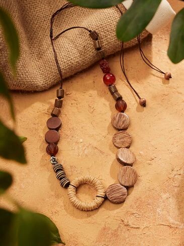 MINACHI Handmade Braided Necklace for Women, Wooden Beads, Rattan Charm, Vintage Style, Gift Jewelry in Saudi Arabia